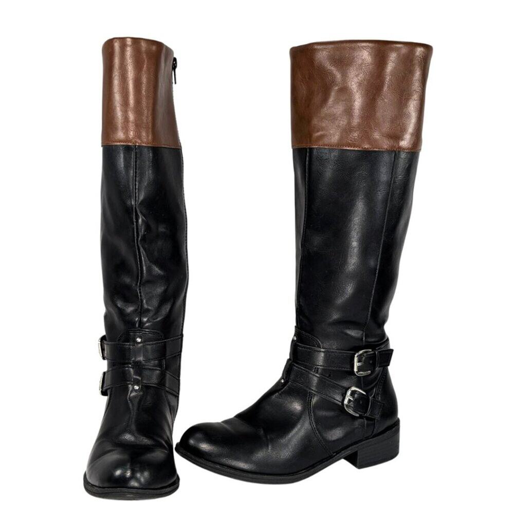Arizona 7.5 Denver Black Brown Faux Leather Color Block Knee High Flat Zip Boots
